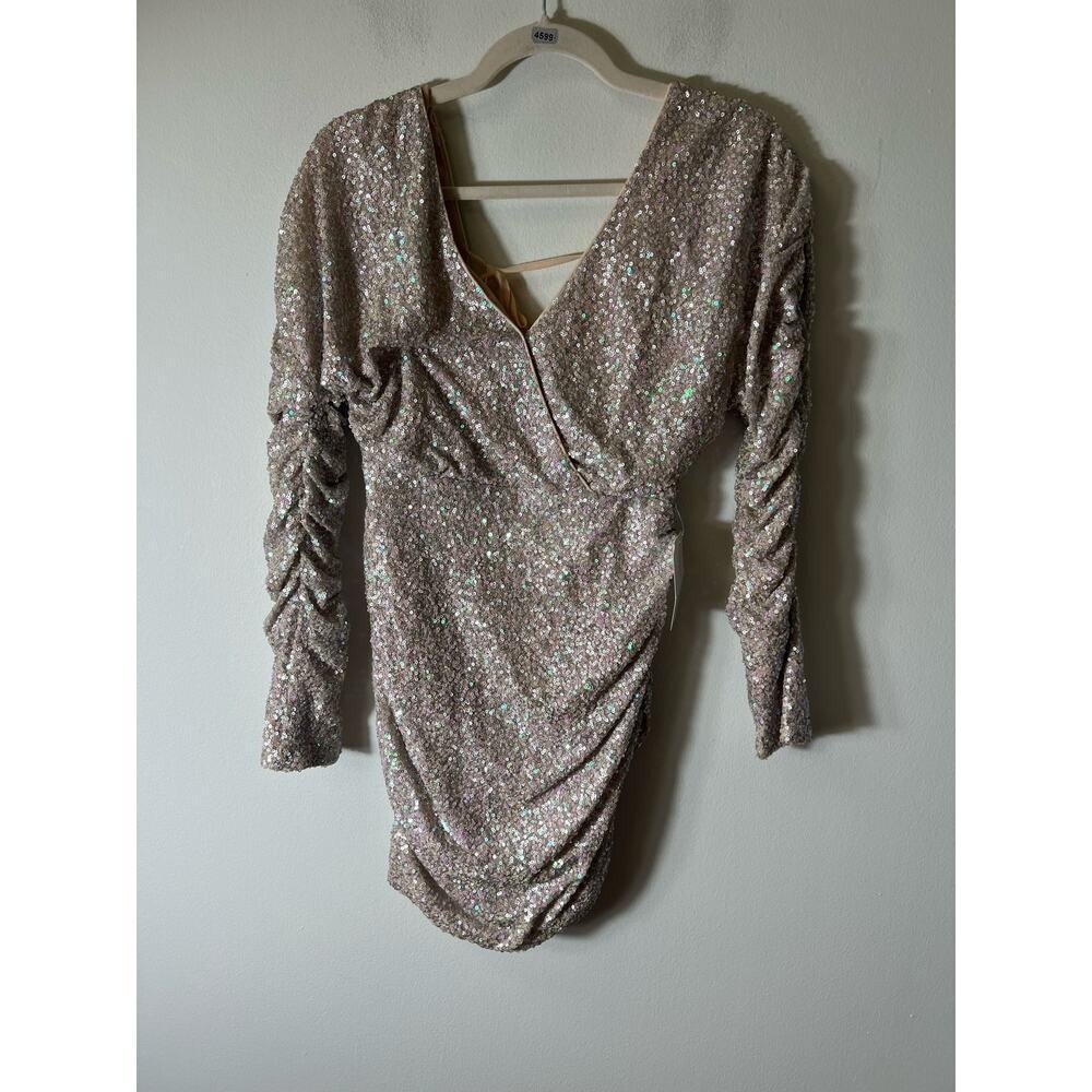 Just Me Womens Silver Sequin Ruched Long Sleeve V-Neck Glam Cocktail Dress Small